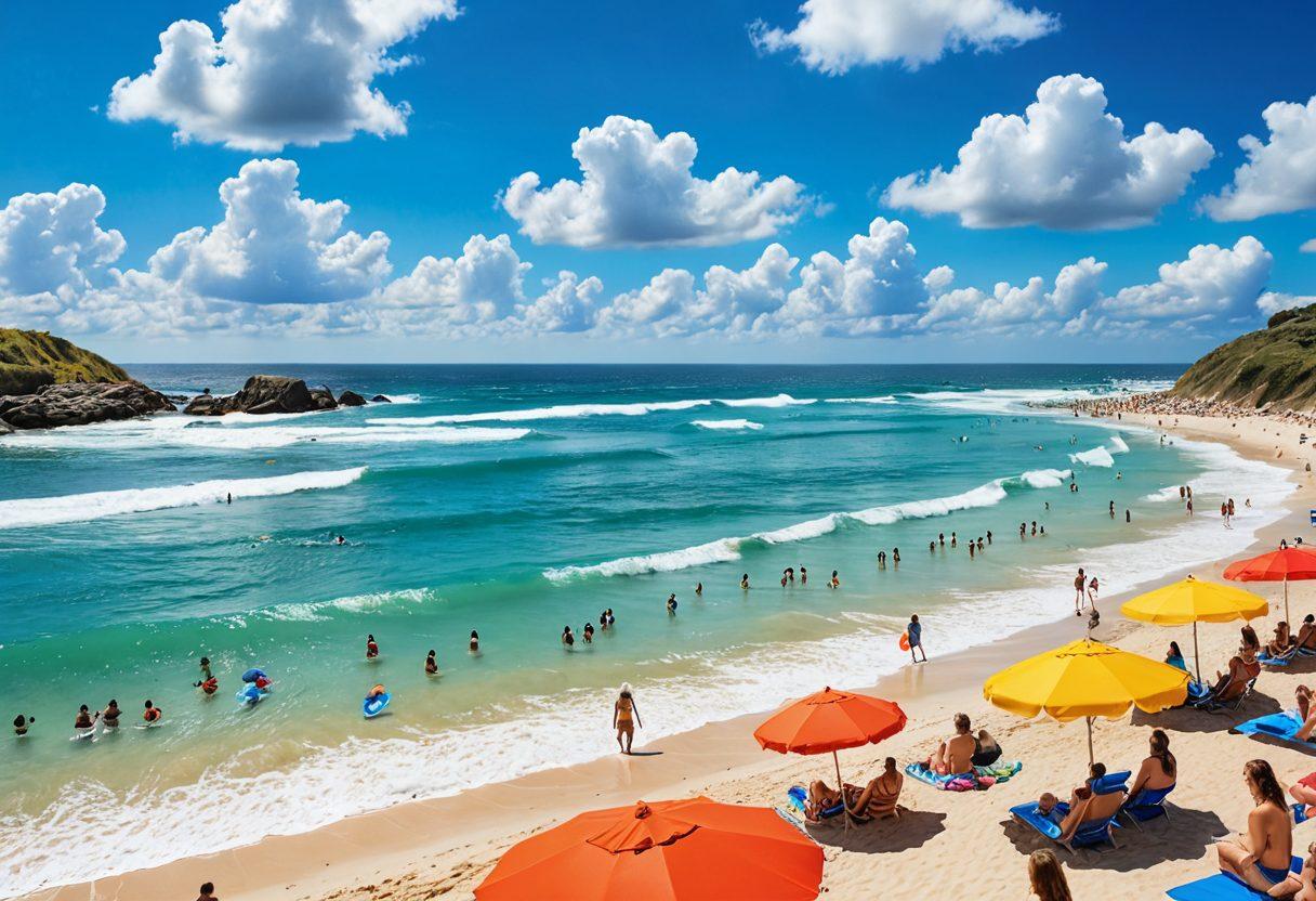 A vibrant beach scene featuring colorful beach umbrellas and people in bikinis laughing while surfing on oversized waves made of laughter. Include humorous elements like cartoonish speech bubbles with dad jokes floating in the air. The sky should be bright blue with playful clouds. The atmosphere should be light-hearted and fun, capturing the essence of humor and summer vibes. vibrant colors. super-realistic.