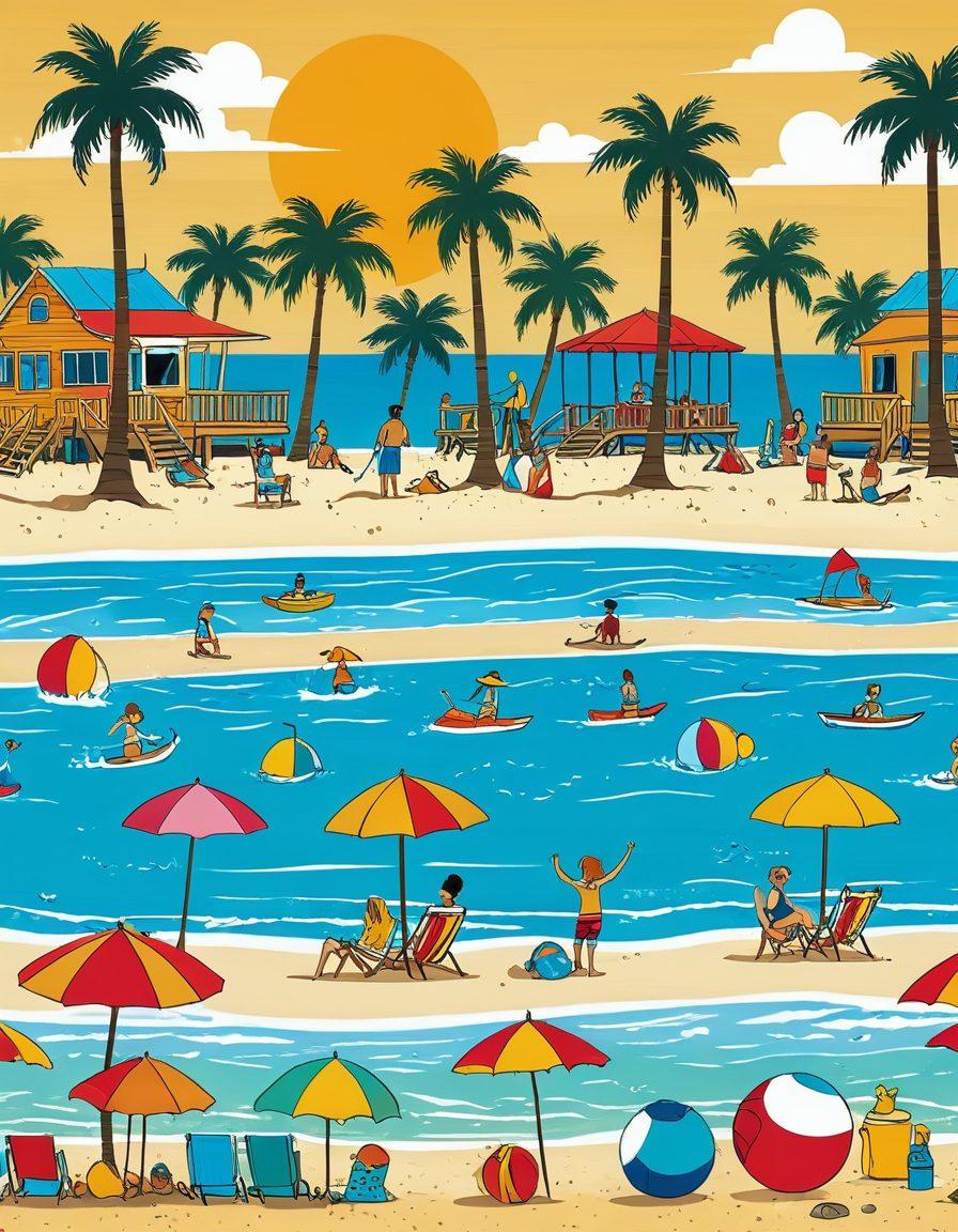 A whimsical beach scene featuring colorful swim trunks and humorous cartoonish beach characters enjoying their day. Laughter-filled elements like floating beach balls and comical signs with short jokes present. Sunshine illuminating the azure ocean waves with palm trees in the background. Capture the essence of joy and relaxation suitable for a fun beach day. vibrant colors. playful cartoon style.